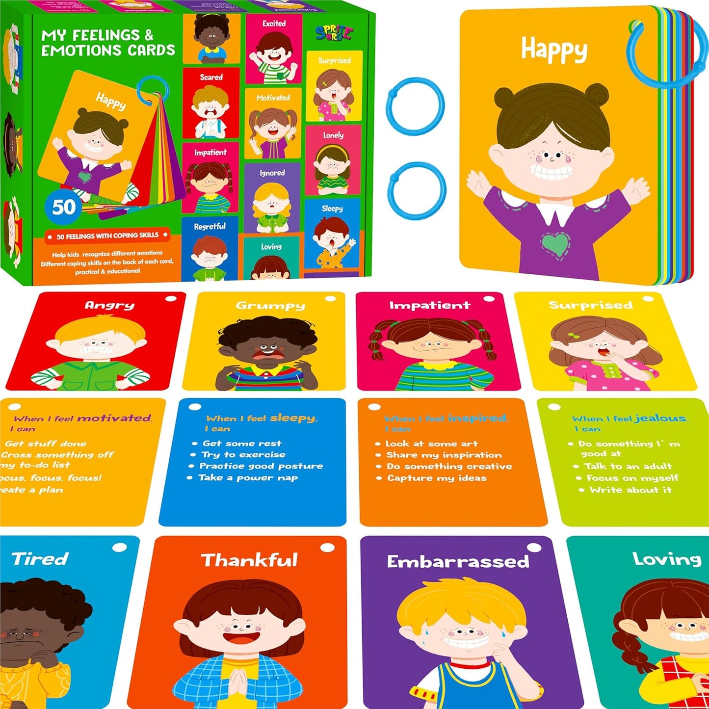 50 PCS Kid First Cognitive Flashcards,Double Sided Printed 7 in 1 Colorful Cards Alphabet,Numbers, Foods,Animals,Shapes,Colors with 3 Reclosable Rings,Learning Tool for Pre-K Kindergarten Toddlers