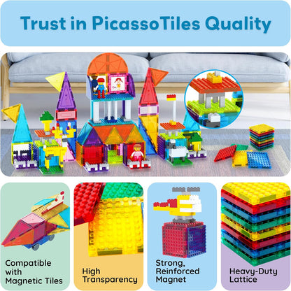 PicassoTiles 333pcs Magnetic Brick Tile and Magnetic Tile Combo Set, Action Figures included, Building Blocks STEM Toys, Educational Montessori Preschool Toddler classroom learning toys, Kids activity
