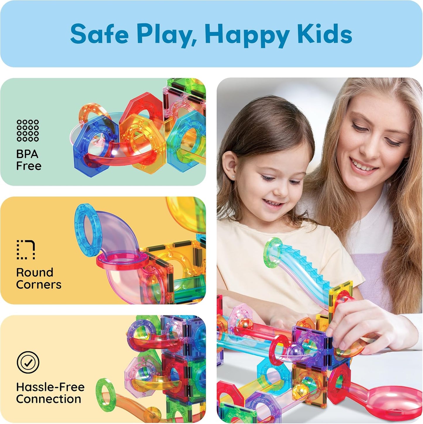PicassoTiles 70pc Marble Run Magnetic Tiles STEM Set for Kids Ages 3 and Older Magnet Tile Marbles Maze Building Blocks Brain Development Toy Preschool Educational Learning Construction Playset PTG70