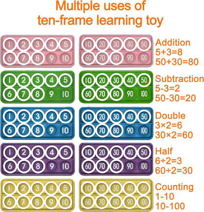 Ten Frame Pop Math Manipulatives - Set of 10 Silicone Fidget Toys for Kindergarten Classrooms - Engaging Educational Counting & Addition Toys for Kids 3 4 5 Years Old