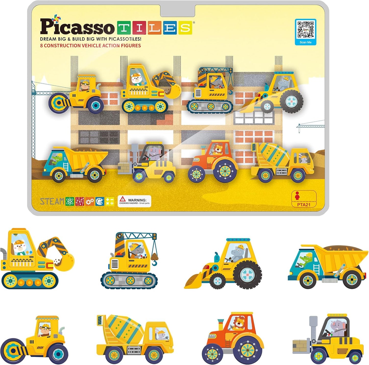 PicassoTiles Magnetic Tile Building Blocks Add On 8 Magnetized Action Figures Construction Vehicles & Zoo Animal Theme Compatible with Magnet Tiles Sets STEM Learning Toy for Boys & Girls Age 3+ PTA21