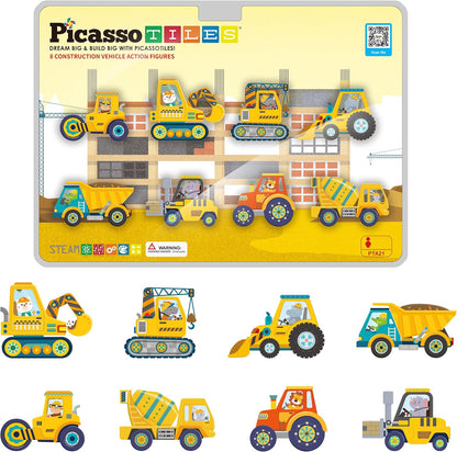 PicassoTiles Magnetic Tile Building Blocks Add On 8 Magnetized Action Figures Construction Vehicles & Zoo Animal Theme Compatible with Magnet Tiles Sets STEM Learning Toy for Boys & Girls Age 3+ PTA21