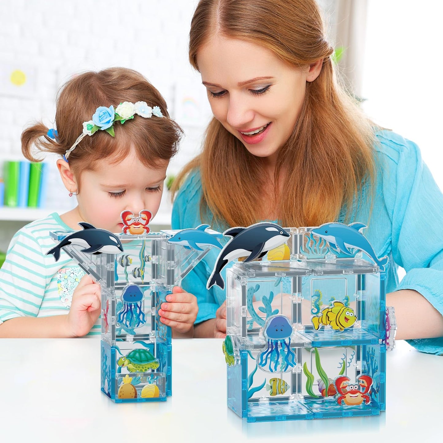 PicassoTiles Magnetic Tiles Magnet Tile Building Blocks Marine Animal World Themed Set with 8 Ocean Character Action Figures STEM Learning Toy Construction Toddlers Boys Girls Ages 3+ PTQ25
