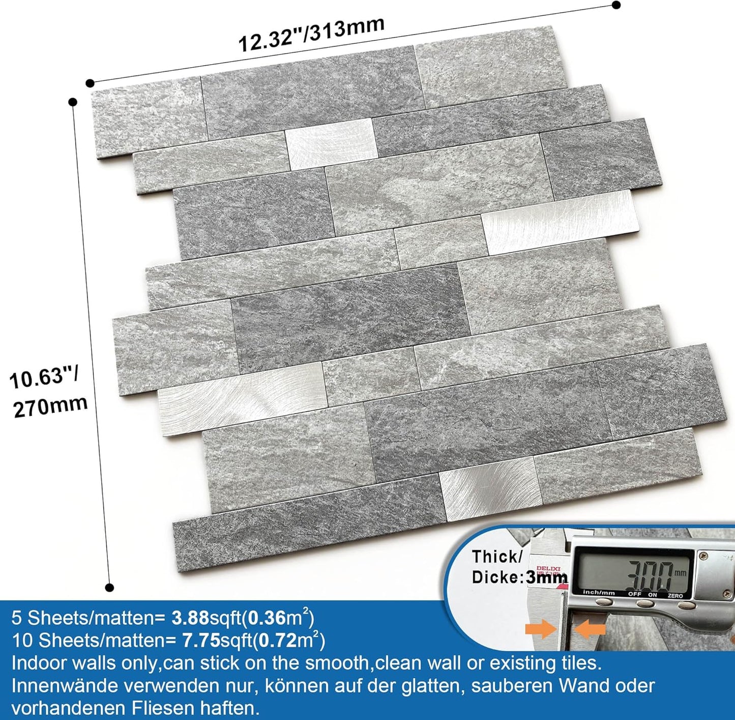 MOFIT Backsplash Tile for Kitchen Peel and Stick Stone Matte Finish,Bathroom Tiles Stickers 3D Wall Panel Linear Mosaic Marble Backsplash Waterproof(5sheets,Blue Green Gray)