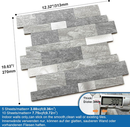 MOFIT Backsplash Tile for Kitchen Peel and Stick Stone Matte Finish,Bathroom Tiles Stickers 3D Wall Panel Linear Mosaic Marble Backsplash Waterproof(5sheets,Blue Green Gray)