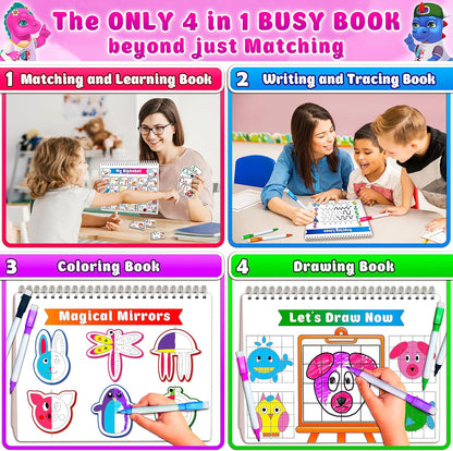 Curious 2 Learn Montessori Busy Book for Toddlers Ages 3-5 – Preassembled Preschool Learning Binder with 28 Activities, Travel Bag & 8 Markers – Educational Toy & Gift for 3 Year Old Boys (Blue)