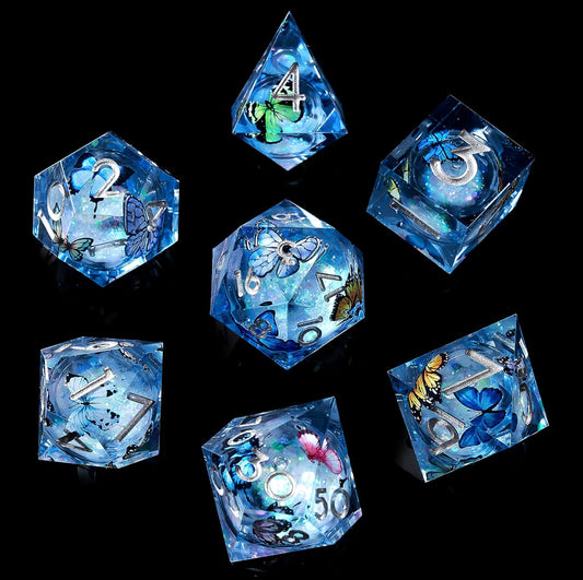 Liquid Core DND Dice Set, 7pcs Sharp Edge Dice for Role Playing Dungeons and Dragons Ttrpg with Gift Box, Handmade Resin D&D Dice RPG Role Playing Games Dice Set(Blue Gold)