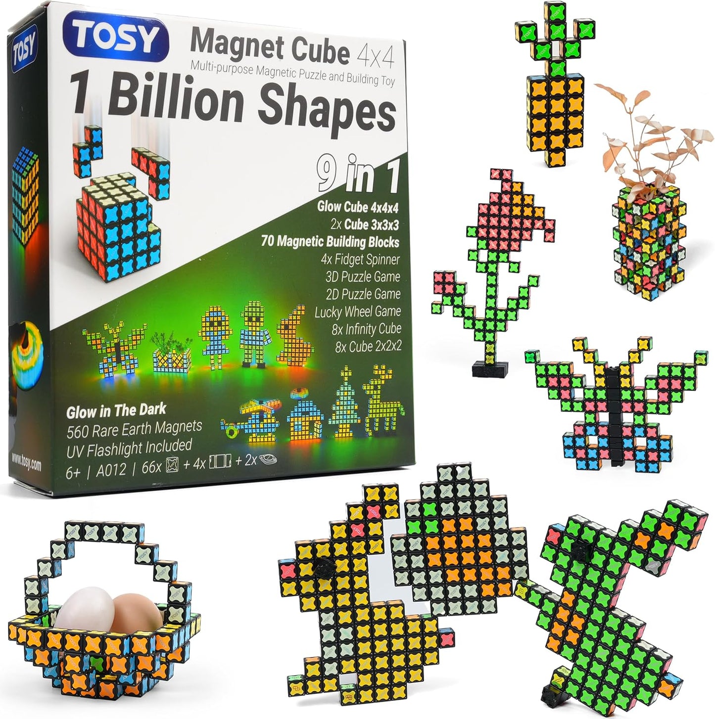 TOSY Magnet Cube 2x2 - 8 Blocks, 2in1 Toy: 2x2x2 Puzzle Cube and Customizable Infinity Cube, Easter Basket Stuffers Gifts for Kids/Grandkids, Glowing w/ UV Flashlight, STEM Toy, 2-Pack