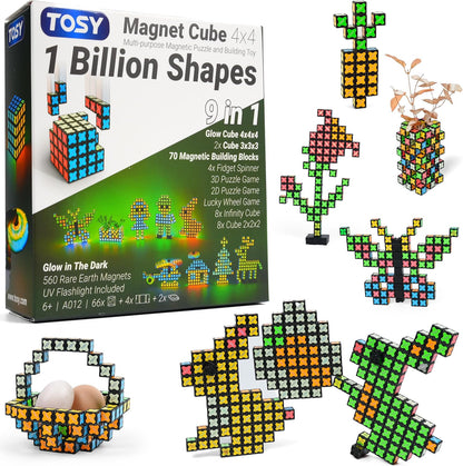 TOSY Magnet Cube 2x2 - 8 Blocks, 2in1 Toy: 2x2x2 Puzzle Cube and Customizable Infinity Cube, Easter Basket Stuffers Gifts for Kids/Grandkids, Glowing w/ UV Flashlight, STEM Toy, 2-Pack