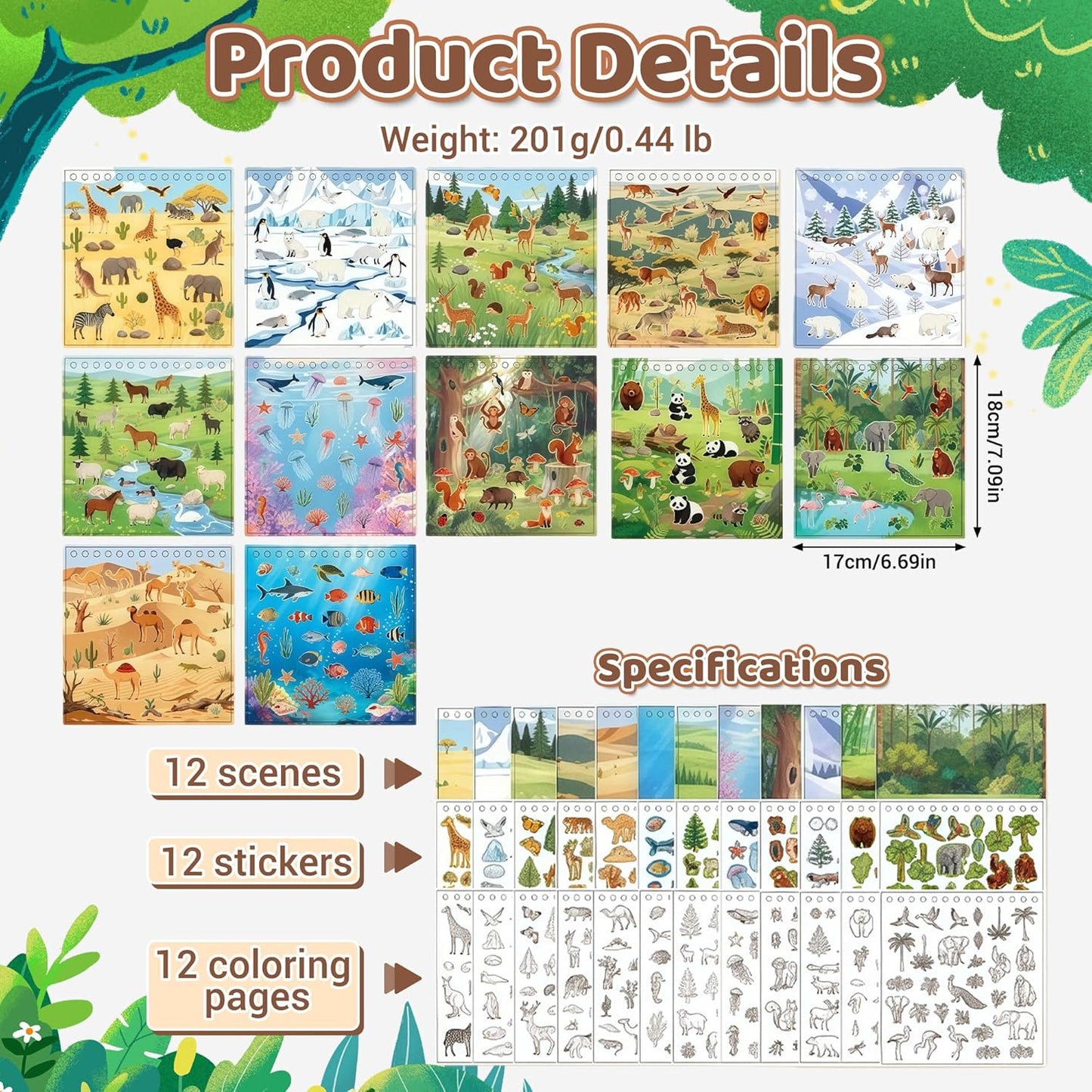 Animal Sticker Book for Toddlers 2-4 Years Sticker Activity Book for Kids with 12 Scenes & 12 Coloring Pages Toddler Travel Essential Quiet Time Activities