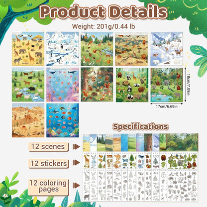 Animal Sticker Book for Toddlers 2-4 Years Sticker Activity Book for Kids with 12 Scenes & 12 Coloring Pages Toddler Travel Essential Quiet Time Activities