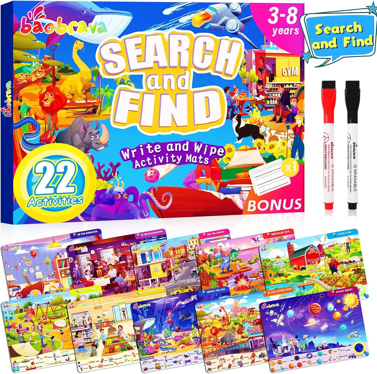 Baobrava Search and Find Book and Handwriting Practice Books Set, More Than 50+ Preschool Learning Activities for Toddler and Kids 3-8, Travel Games for Road Trip Car Airplane