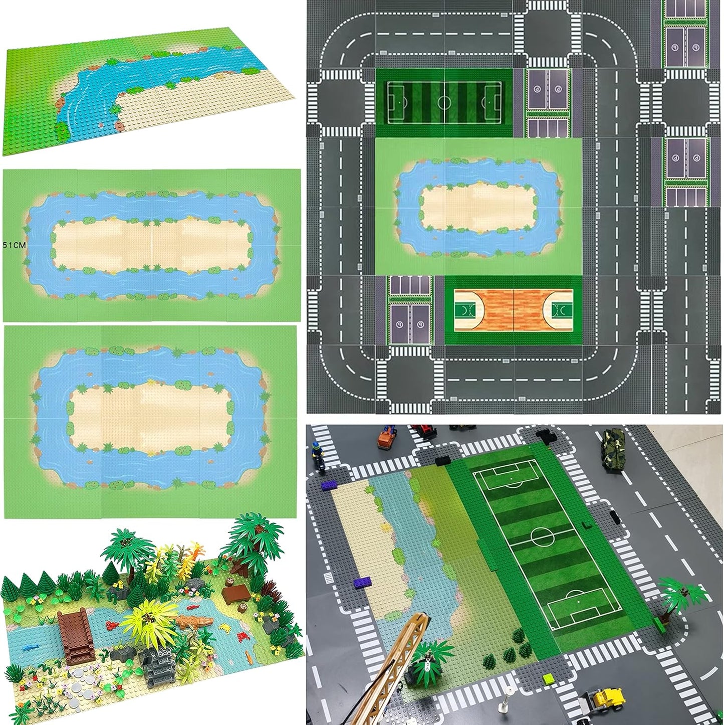 6 Pack Grassland Rivers Pattern Baseplate 10" x 10" - Building Brick Base Plate Tight Fit with Major Brands for City Roads Building Blocks Kids Toy (2 Straight + 4 Curve)