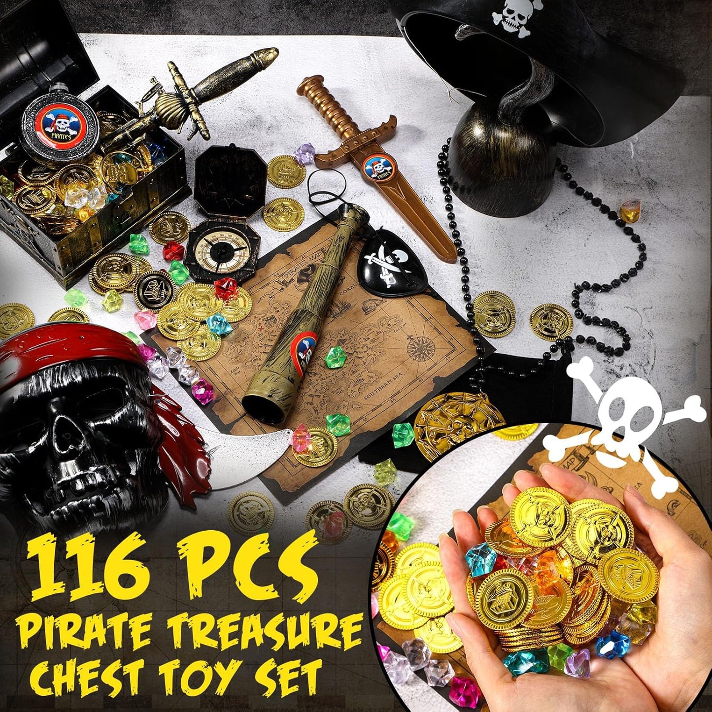 116 Pieces Pirate Treasure Toys, Pirate Treasure Box with Coins Jewels Gems and Pirate Map Compass Telescope for Boy Girl Halloween Cosplay Props Pirate Theme Party Decoration Favor (Cute Style)