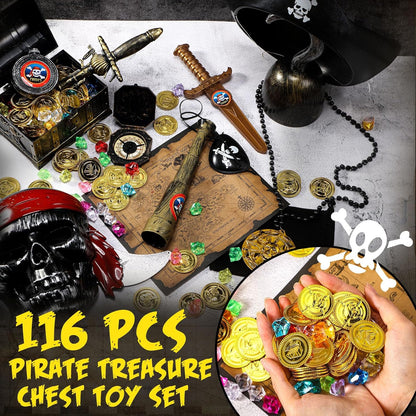 116 Pieces Pirate Treasure Toys, Pirate Treasure Box with Coins Jewels Gems and Pirate Map Compass Telescope for Boy Girl Halloween Cosplay Props Pirate Theme Party Decoration Favor (Cute Style)