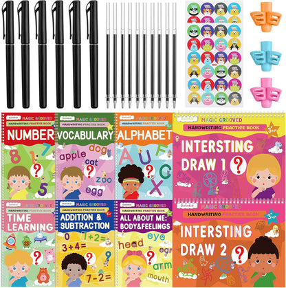 Golinkid Magic Grooved Writing Practice, grooved Handwriting Practice for Kids 8 Books, Preschool workbook for Ages 3-10 with 6 Magic pens 10 Ink Refills, 3 Pencil Grips for Kids Handwriting
