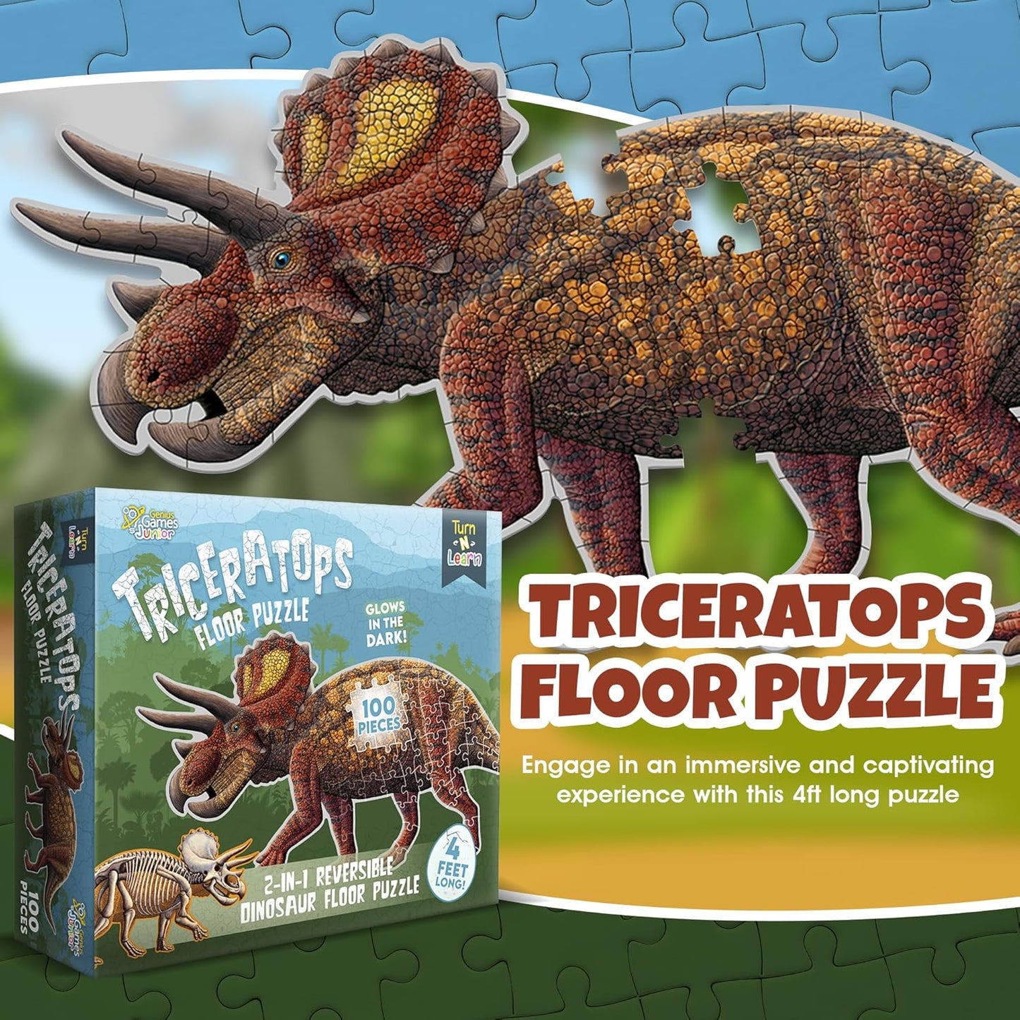 Tyrannosaurus Rex Dinosaur Jigsaw Puzzle | 100-Piece Double Sided Floor Puzzle with Glow-in-The-Dark Skeleton On Other Side | 4 FT Scientifically Accurate Dino Illustration | Educational Toy for Kids