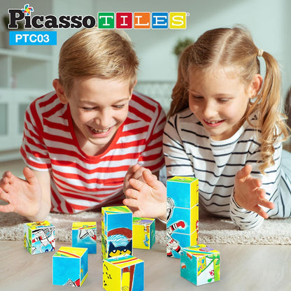 PicassoTiles Magnetic Tiles Pete the Cat Home Theme Building Blocks Double Sided Printing Toddler Magnet Toys Education STEM Learning Kit Construction Brain Development Preschool Kid Game Boy Girl 3+
