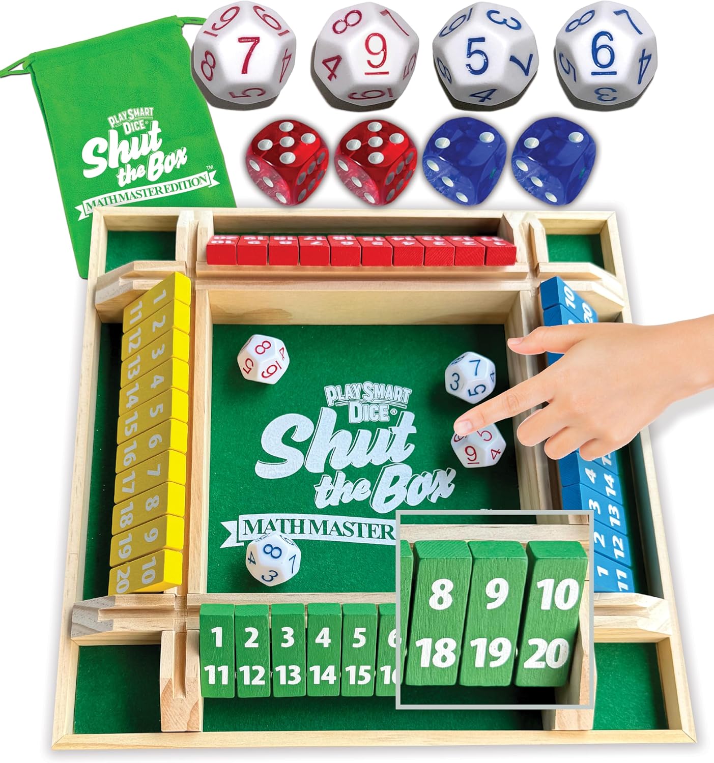 PlaySmart Dice Shut the Box Math Master: Deluxe 1-4 Player Wooden Board with Unique dice, More Numbers, Games, Math, and Fun Ways to Play!