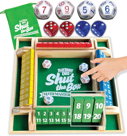 PlaySmart Dice Shut the Box Math Master: Deluxe 1-4 Player Wooden Board with Unique dice, More Numbers, Games, Math, and Fun Ways to Play!