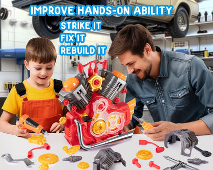 POFJOEQ Engine Building Kit, Kids Mechanic Repair Set for Kids Motorcycle Engine，Take Apart Toys-42pc Playset，STEM Engine Model Kit Toy with Cool Lights&Sounds，Educational Toys for 3+ Year Old (Blue)