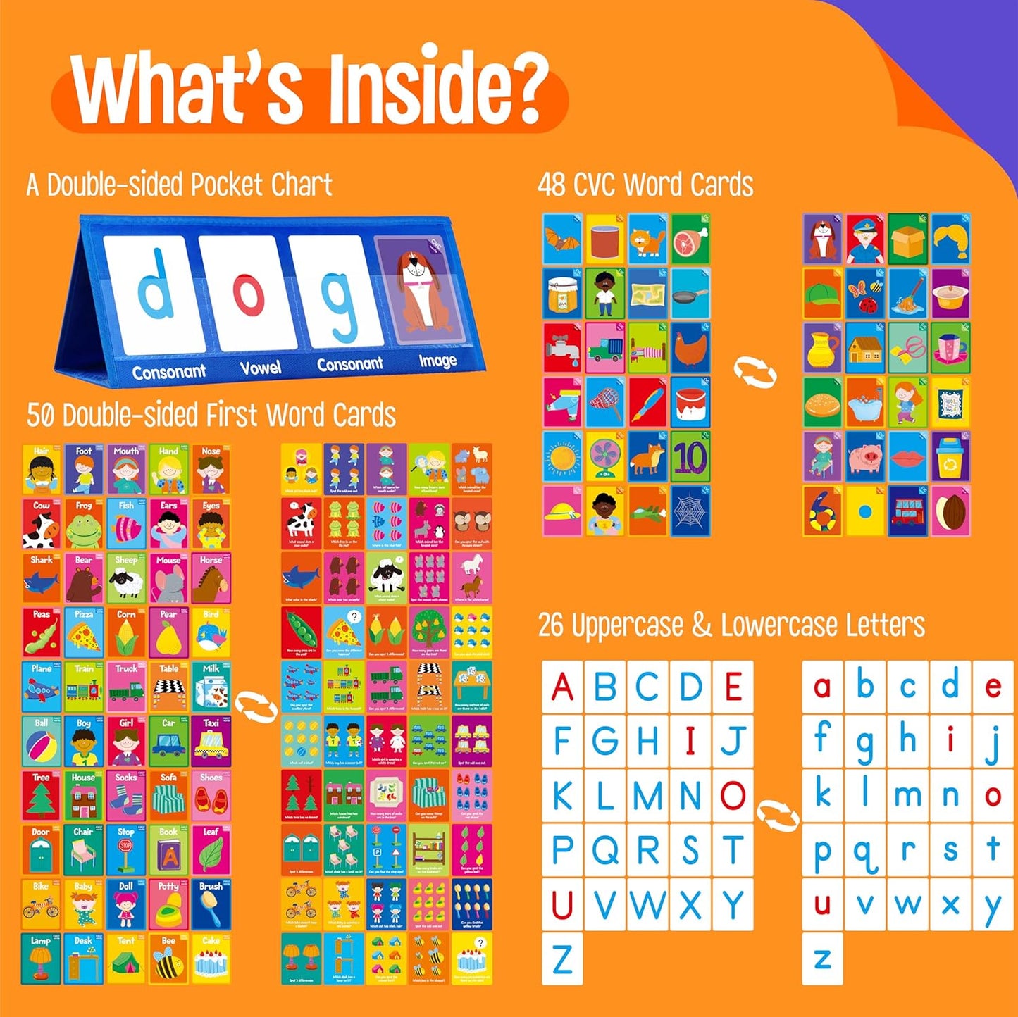 Word Building Desktop Pocket Chart, 48 CVC Words & 50 First Words, Double-Sided Tent Word Builder, Vocabulary Learning Flashcards Set for Kindergarten Reading and Spelling
