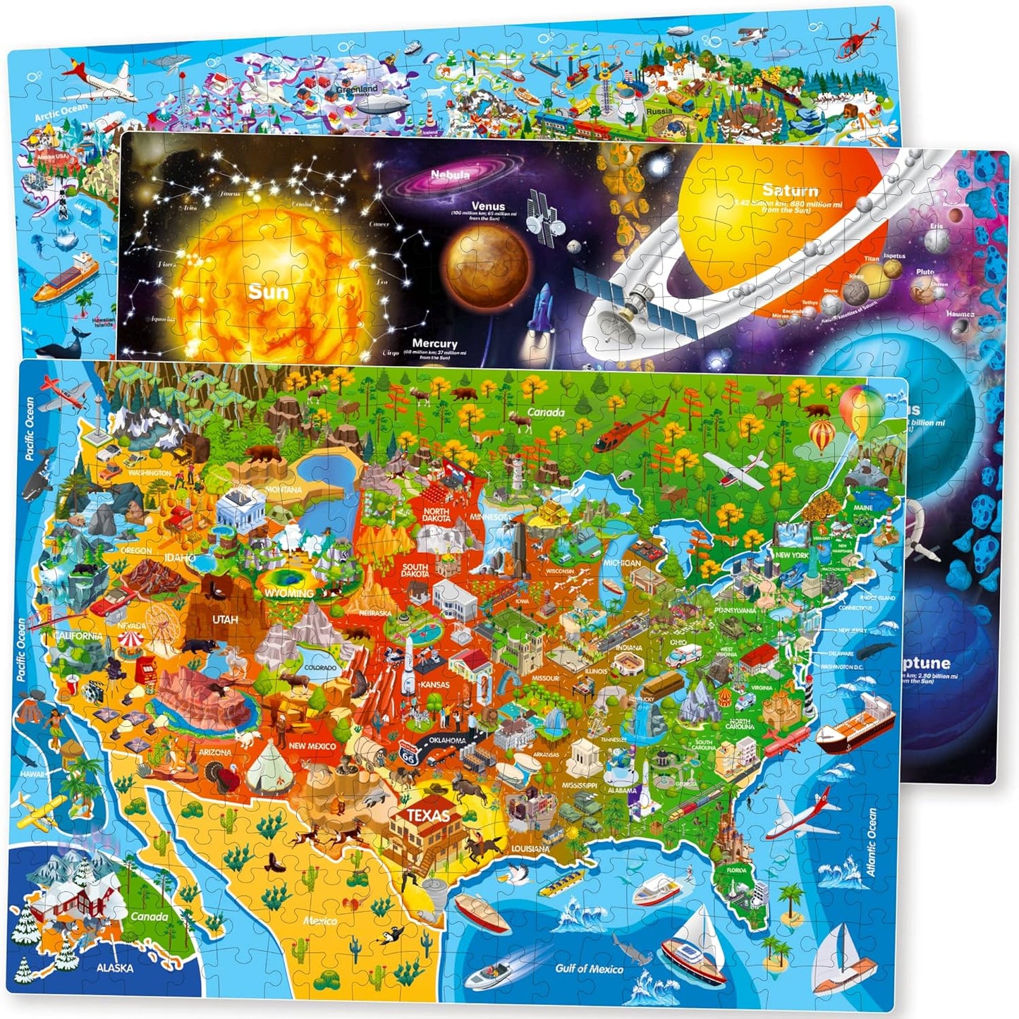 QUOKKA 3X Set Learning Board Games for Kids 8-12 - Educational Trivia Cards Ages 6-8 - Travel United States - World Map - Explore Outer Space - Gift for Children and Teens 4-8 - Jigsaw Puzzles