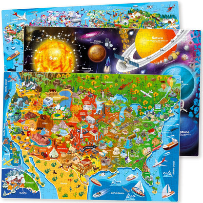 QUOKKA 3X Set Learning Board Games for Kids 8-12 - Educational Trivia Cards Ages 6-8 - Travel United States - World Map - Explore Outer Space - Gift for Children and Teens 4-8 - Jigsaw Puzzles