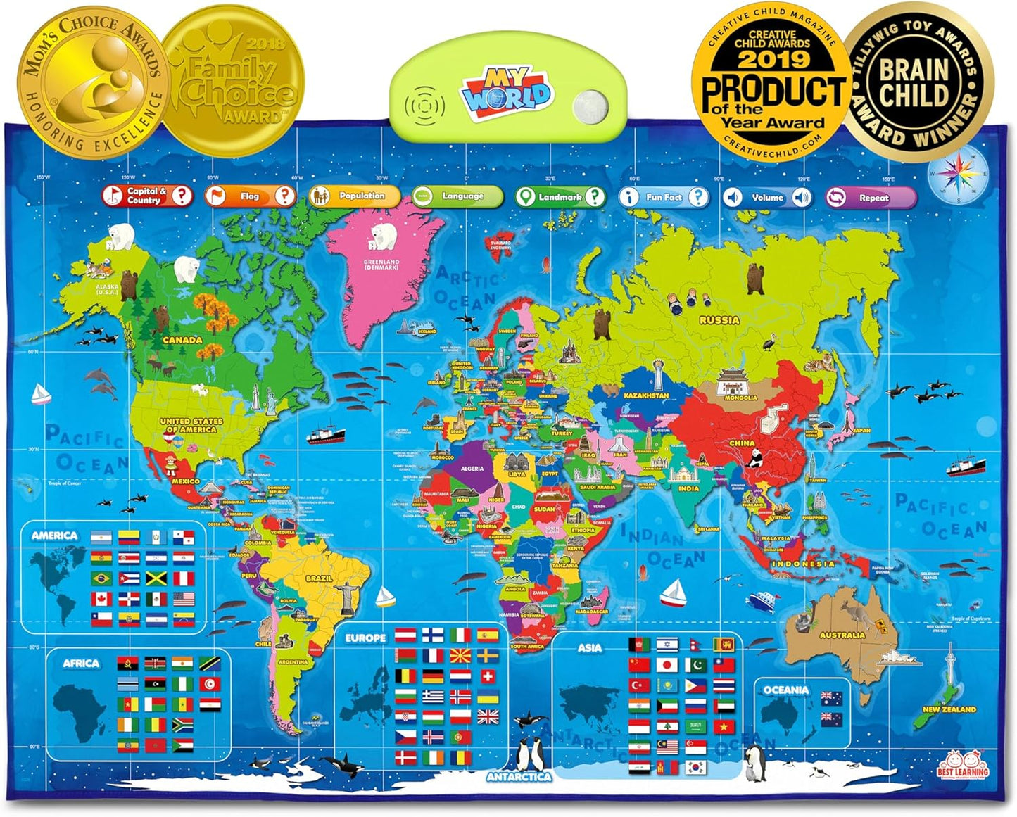 BEST LEARNING i-Poster My World – Interactive Talking World Map for Kids Ages 5-12 to Learn Countries, Flags, and Fun Facts About Our Planet