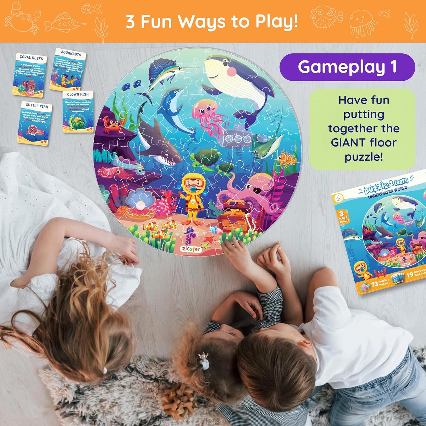 Jumbo 70 Piece Round Floor Puzzles for Kids Ages 3-5, 6-8, Large Jigsaw Puzzle with Educational Flash Cards and 3D Figures | Educational Gift (Animal Safari)