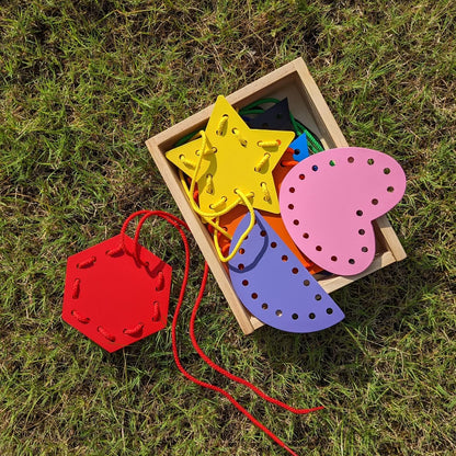 7 Pcs Wooden Lacing Cards for Toddlers, Lacing Shapes, Educational and Learning Montessori Activity for Kids, Double-Sided Shape Panels Wooden Threading Toy