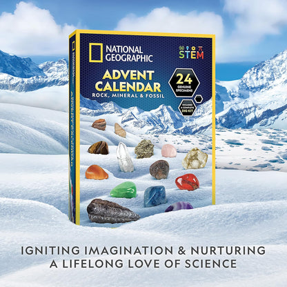 NATIONAL GEOGRAPHIC 2026 Rock Collection Advent Calendar - Countdown Calendar for Kids with 24 Gemstones, Minerals & Fossils for Kids, Complete Gem & Fossil Collection