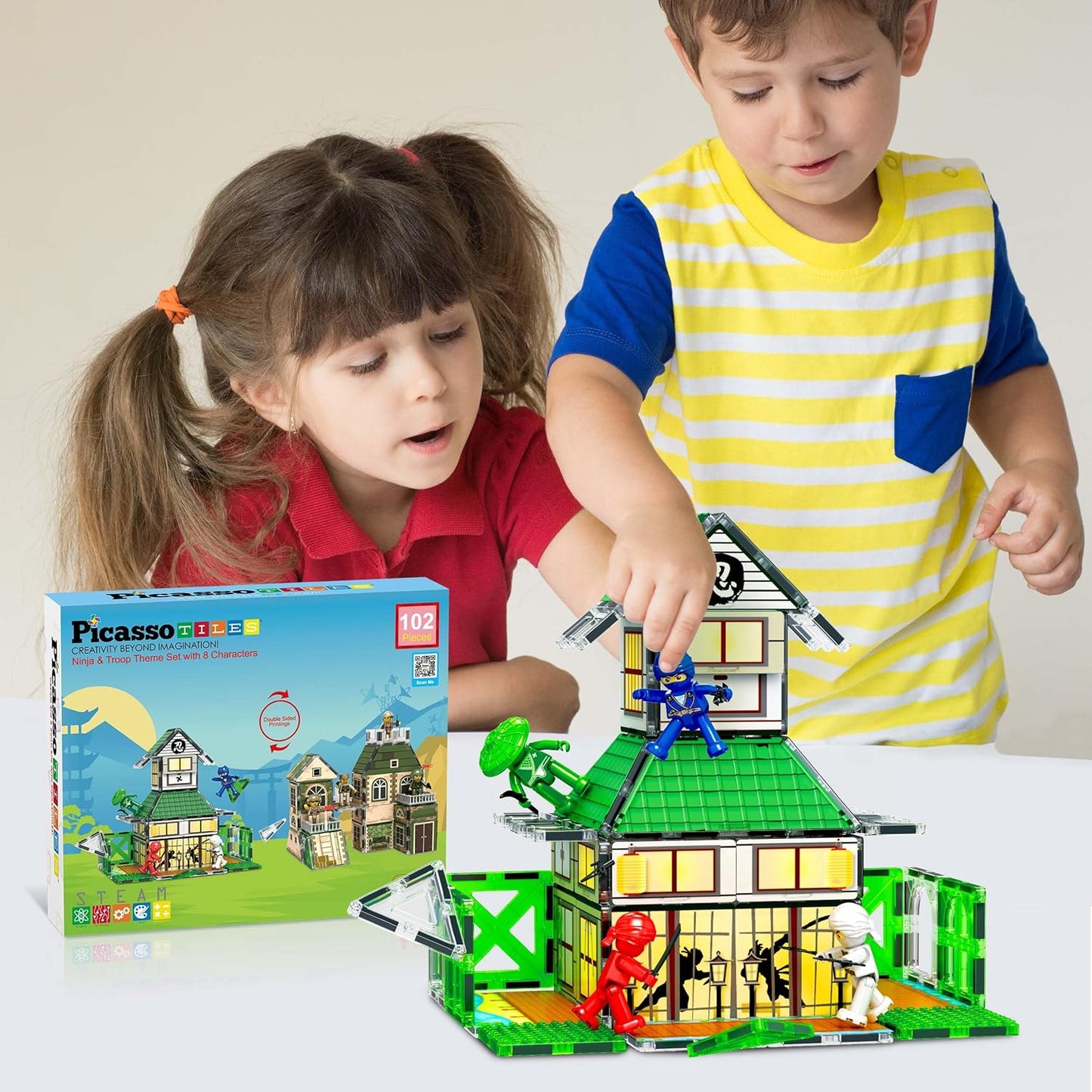 PicassoTiles 60pc Magnetic Tile Princess Castle Building Set with Double Sided Printed Tiles 2 Character Figures STEM Educational Toy Kit for Kids Pretend Play Montessori Learning Ages 3 to 8 PTQ04