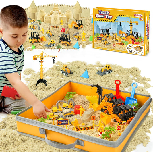 Billeeit Sand Construction Kit with Foldable 15 x 15 in Sand Box, 2.2 lbs Sensory Sand, 8 Trucks, Molds & Tools, Gift for Kids 3+