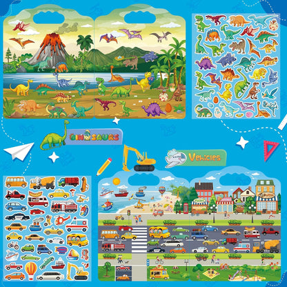 2 Set Reusable Sticker Books for Toddlers 2-4 Years, Puffy Reusable Sticker Activity Book for Kids Toddlers 1-3 Girls Boys Birthday Gifts Include Vehicles&Dinosaur