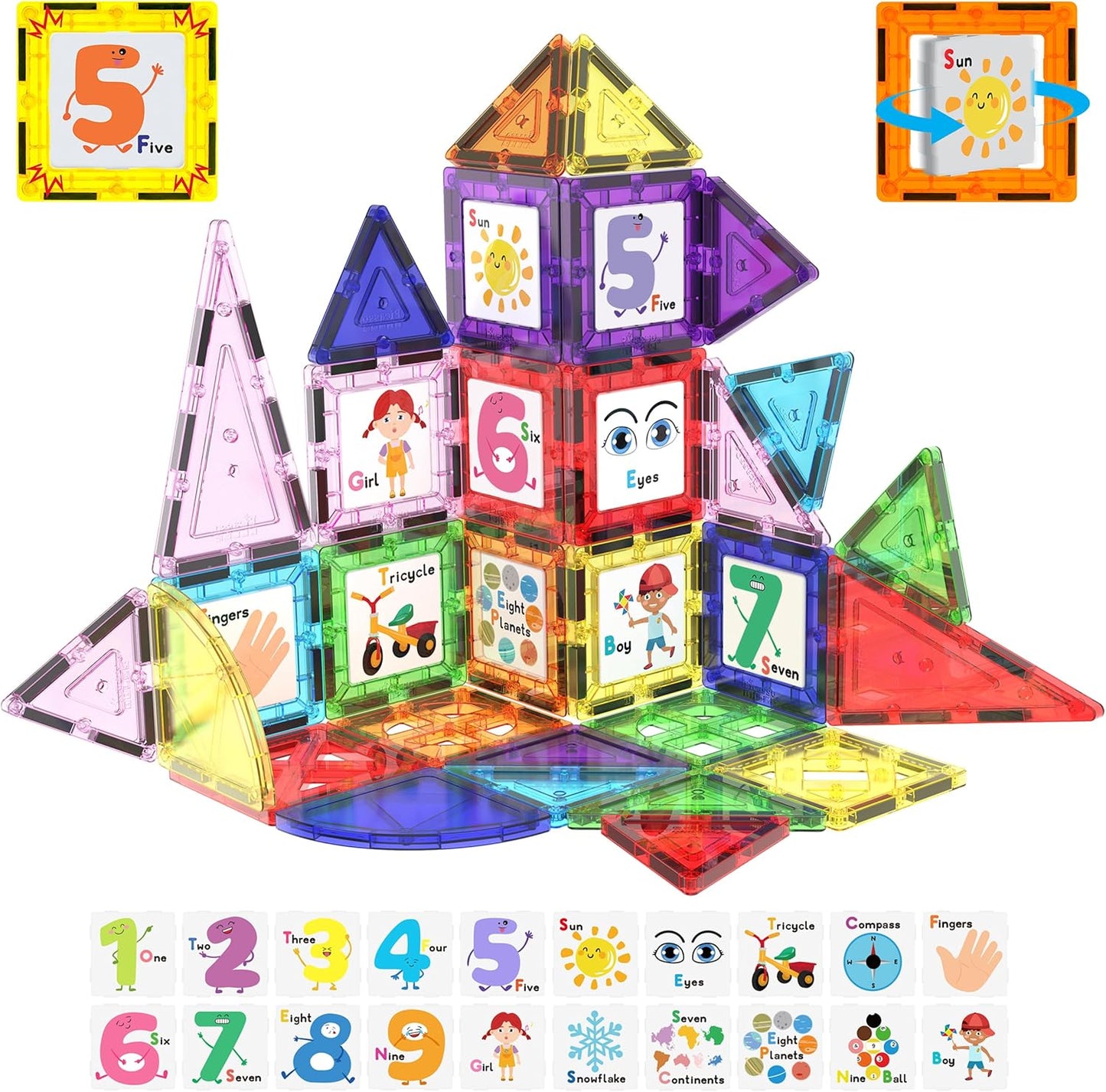 PicassoTiles 42pcs Magnetic Tiles Magnet Blocks See-Through Shape STEM Toys Building Block Educational Playset Compatible with Major Brand Tile -Starter Set for Boys and Girls Toddlers Ages 3+ PT42