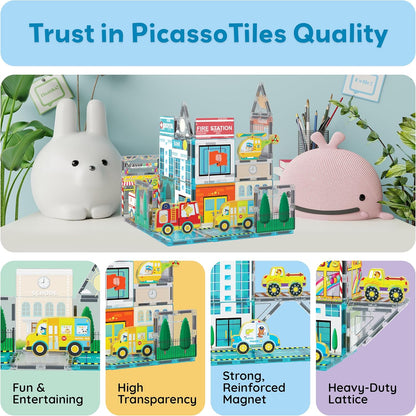 PicassoTiles Magnet Tiles Magnetic Building Blocks Aquarium Marine Animal Theme Set with 8 Character Action Figures Shark Crab Turtle STEM Toys Construction Preschool Toddlers Kids Boys Girls 3+ PTQ15