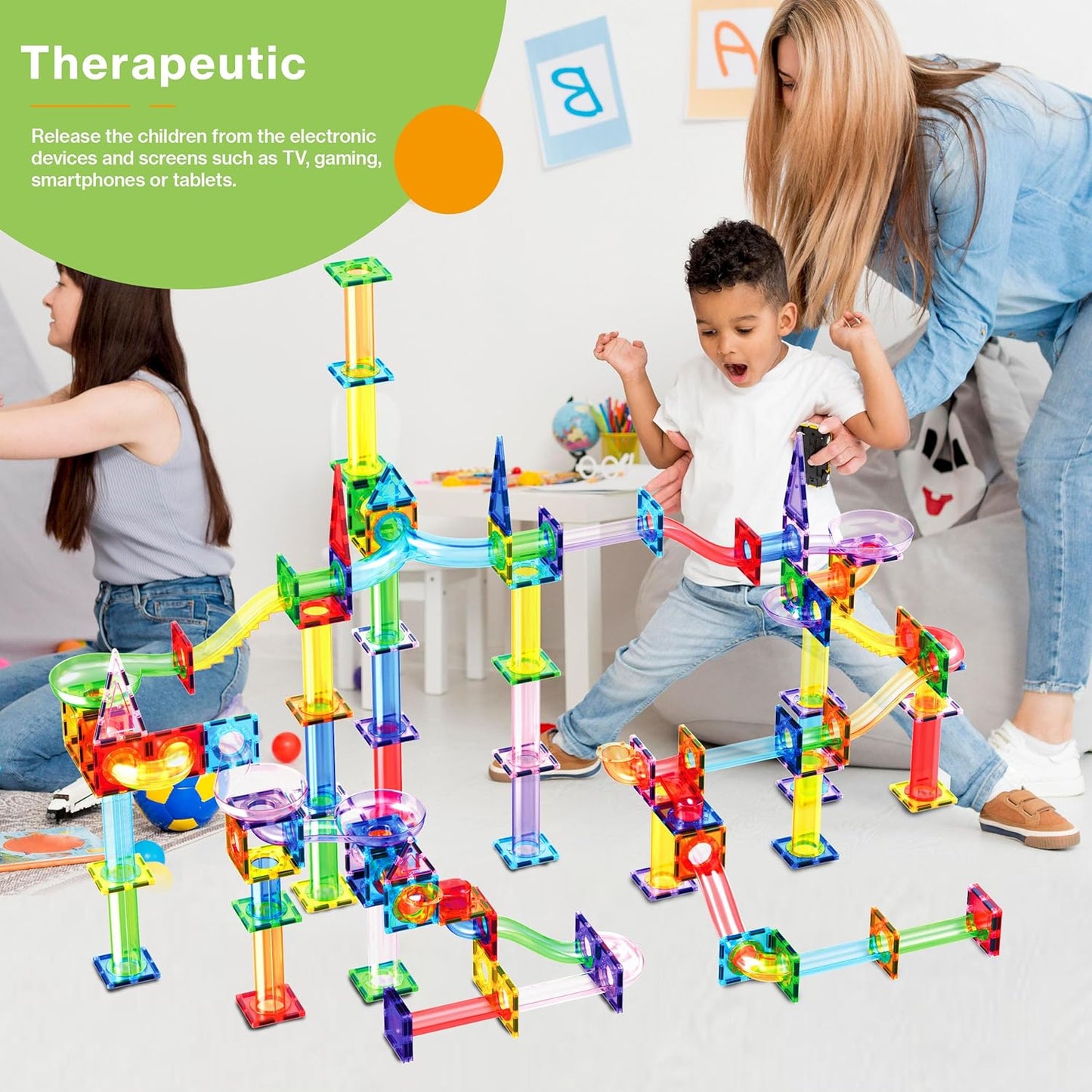 PicassoTiles 108pc Magnetic Marble Run Set with Building Tiles Race Track Car Slides Set STEM Learning Toy 3-in-1 Preschool Construction Kit for Indoor Activity and Development for Kids age 3+ PTG108