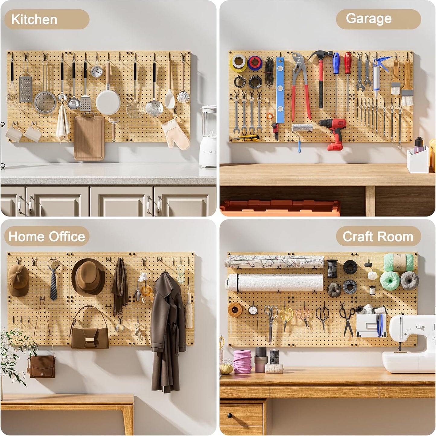 VOIMO Bamboo Pegboard Organizer Set, 6 Panels (16"x12") with 48 Hooks – Eco-Friendly Wall Mounted Storage Rack for Tools, Crafts & Office – Natural Bamboo Pegboard System with Accessories