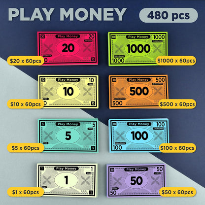 Queensell Play Money Suitable for Monopoly Board Game – 480 pcs of 60 Each Bill Denomination – Double Sides Printing Paper Money for Pretend Play Cashier - 480 pcs