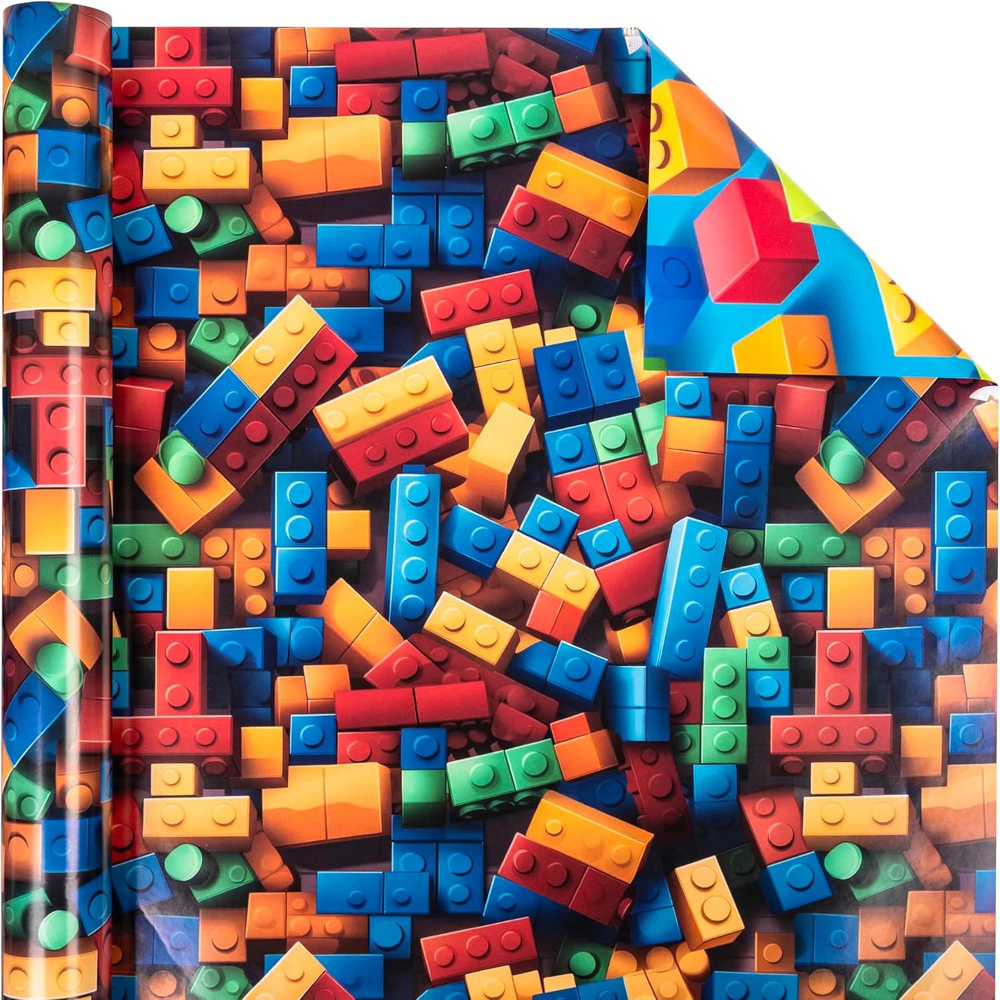 Dtiafu Reversible Building Blocks Wrapping paper Roll for Kids Boys Girls - Boys Birthday Bricks Design Gift Wrap Sheets for Baby Shower Party Craft Supplies(Total 28.5sq.ft)