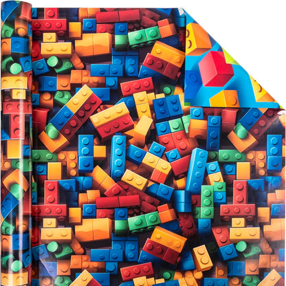 Dtiafu Reversible Building Blocks Wrapping paper Roll for Kids Boys Girls - Boys Birthday Bricks Design Gift Wrap Sheets for Baby Shower Party Craft Supplies(Total 28.5sq.ft)