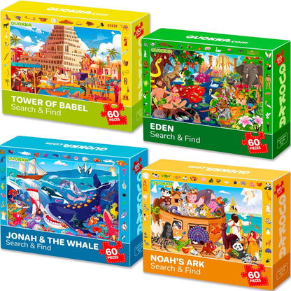 QUOKKA Puzzles for Kids Ages 4-6 - Toddler Puzzles Ages 3-5 - 4-Pack 60 Piece Search and Find Animals Jigsaw Puzzle 6-8 - Learning Toys for 3 Year Old Boys and Girls - Educational Games Gift