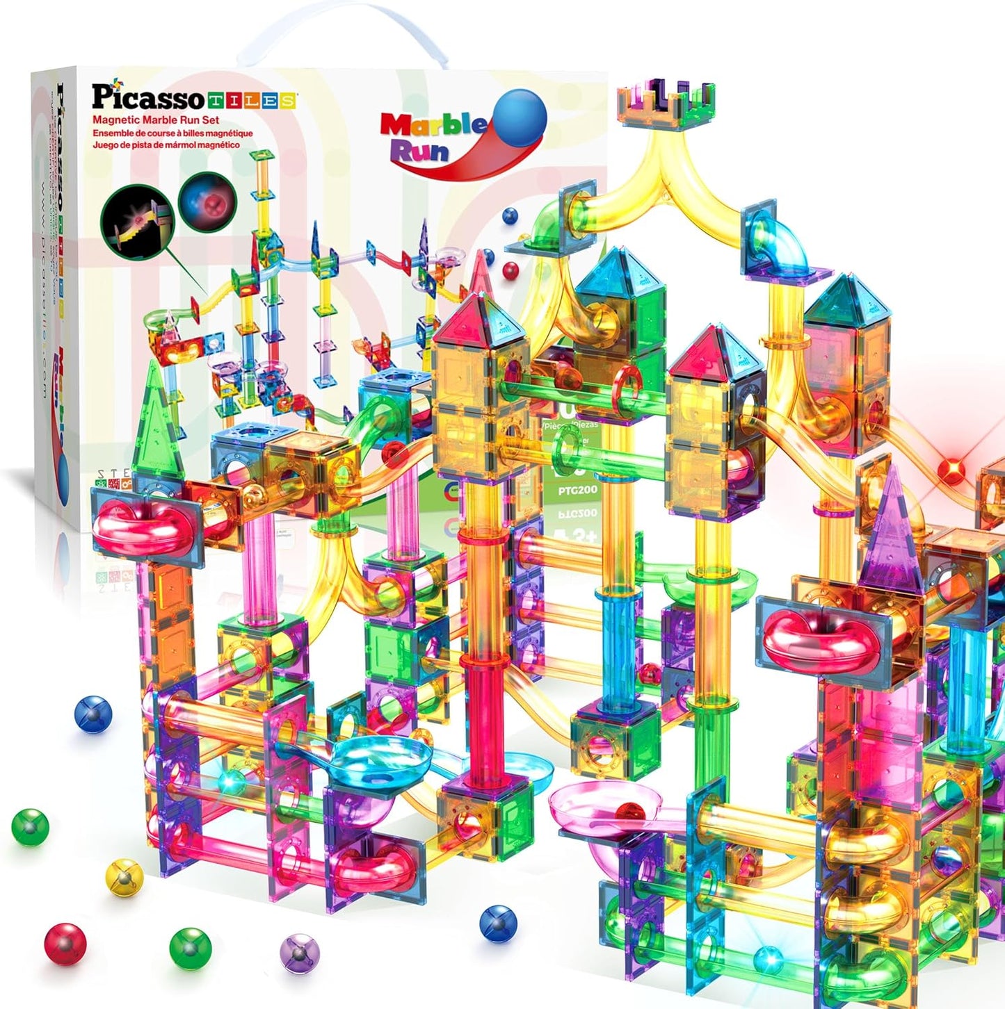 PicassoTiles 108pc Magnetic Marble Run Set with Building Tiles Race Track Car Slides Set STEM Learning Toy 3-in-1 Preschool Construction Kit for Indoor Activity and Development for Kids age 3+ PTG108