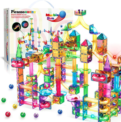 PicassoTiles 108pc Magnetic Marble Run Set with Building Tiles Race Track Car Slides Set STEM Learning Toy 3-in-1 Preschool Construction Kit for Indoor Activity and Development for Kids age 3+ PTG108