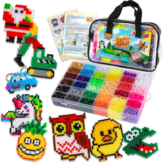 CraftyCreations 10,500pcs Fuse Beads Craft Kit - Perler Beads Compatible Kit, 34 Colors, 6 Pegboards, 34+ Patterns, Tweezers, Plus Tools, Keychains, Accessories & More with Free Carrying Case