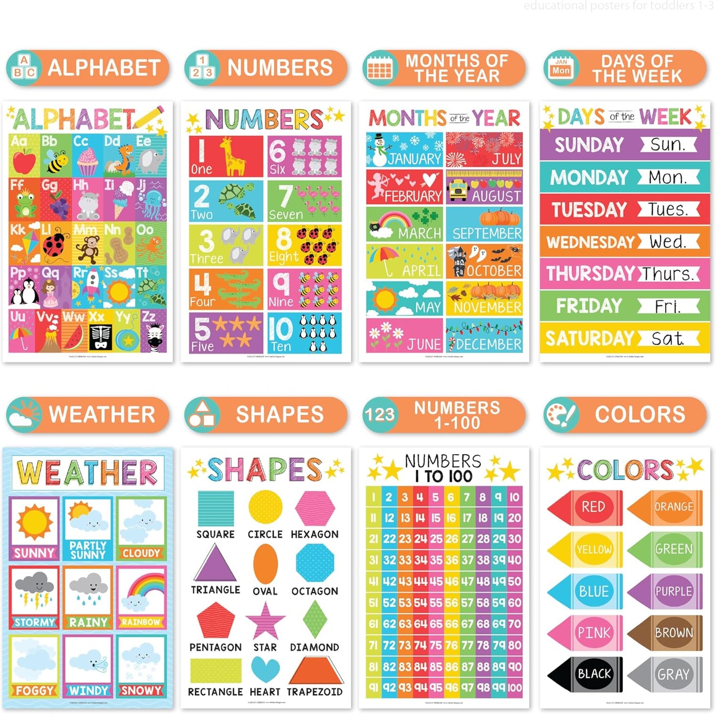 Hadley Designs 16 Educational Posters for Toddler Learning Activities - Alphabet Daycare Essentials, Laminated Pre-K Posters for Toddlers 1-3, Preschool Learning Activities, Chalkboard Classroom Decor