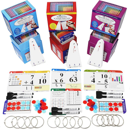 Think2Master Addition Flash Cards. Learn to Add & Subtract by Counting, Writing, Understanding & Memorizing. 260 Laminated Cards, 39 Triangle Cards, 2 Dry Erase Markers, 5 Rings & 30 Counters