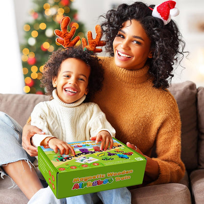 Vanmor Wooden Train Set for Toddlers - Snap-Connection Animal Trains, Magnetic Alphabet Train Learning Toys, STEM Preschool Toys, ABC and Animal Play Set for Kids Ages 3-5