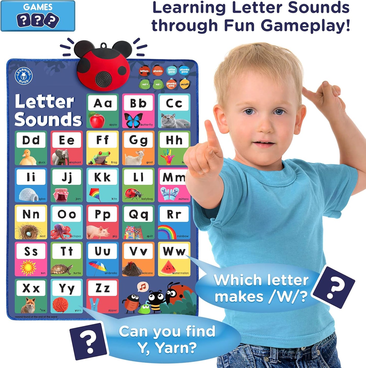 LEARNING BUGS Press to Learn Phonics, Interactive Letters and Sounds Talking Poster, Preschool & Kindergarten Learn to Read, Ages 3+